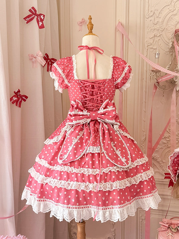 Ohren Quadrat Muster Kleid Bunny Polka Dots Lolita Ausschnitt Rosa Plüsch Süß Dunkel