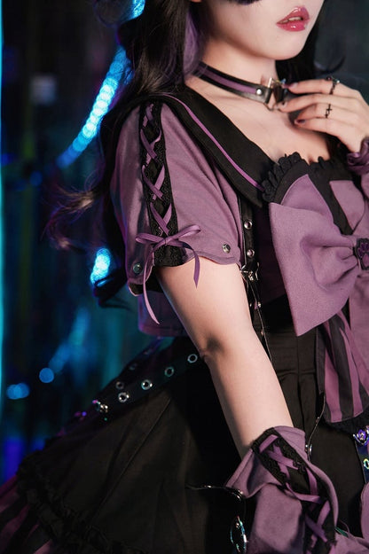 Kitty Gothic Striped + JSK Top Bow and Dress Pattern Ears Black Sailor Collar Lolita Big Purple Cropped