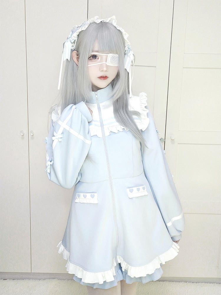 Hellblaues Jirai-Kei-Haarband mit überkreuztem Spitzenbesatz