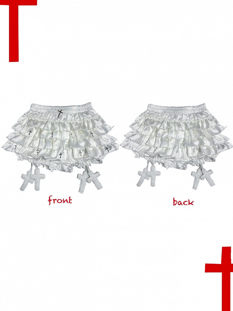 Gothic White Cross Charms Tiered Ruffles Satin Skort