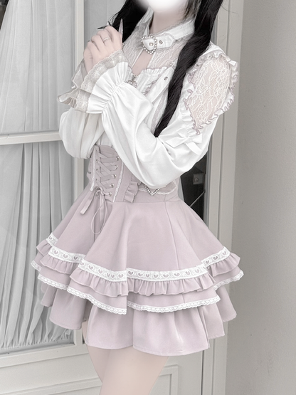 Sweet Jirai Kei Zip-Up Top: Pink & White with Lace Shoulder Cutouts & Illusion Buckle Neckline