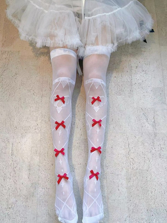 Bowknot Details Crisscorss Banded Print Lolita Over Knee Stockings