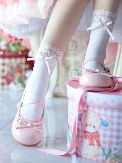 Knotted - Trim Top Round Lolita Flat Lace Shoes Sweet Pink Toe Bow