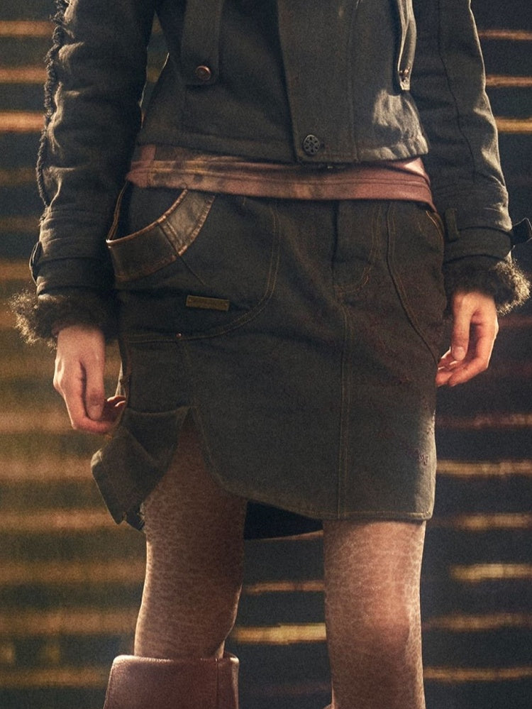 Multi-Slit Embroidery Design Skirt Black Short with Punk Denim