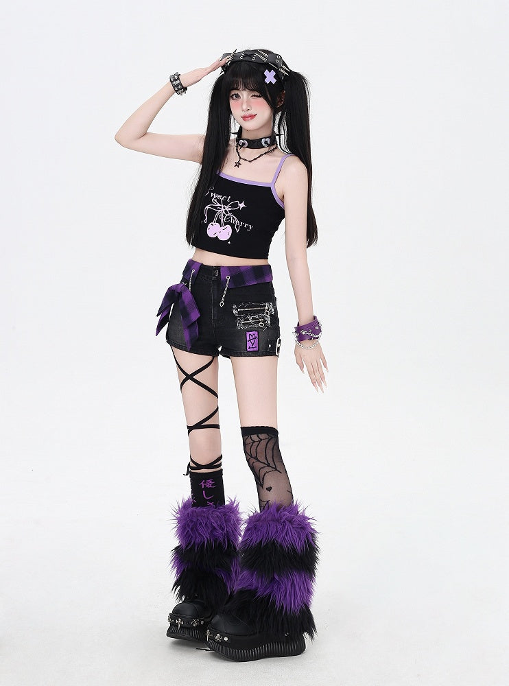 パープルチェック柄の蝶結びブラックのグラマラスデニムショートパンツ