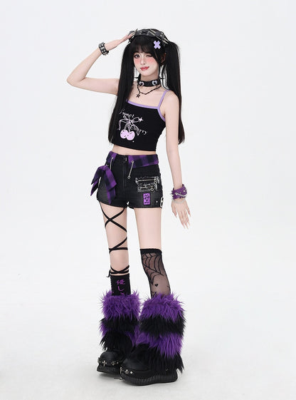 パープルチェック柄の蝶結びブラックのグラマラスデニムショートパンツ