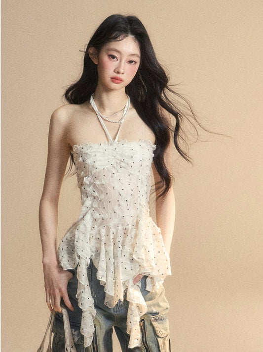 Volant Saum Weiß Glamourös Neckholder Polka Dot Top Muster Asymmetrische Trägerlosen
