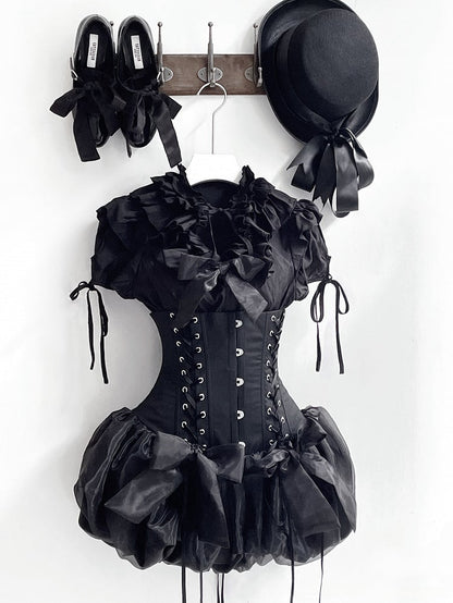 Gothic Layered Neckline Lolita Black with Waist Ruffles Blouse Elastic Smocked