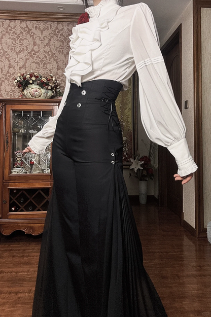 Pleated Ouji Wide-leg Pants High Fashion Chiffon Black Side Panel with Waist