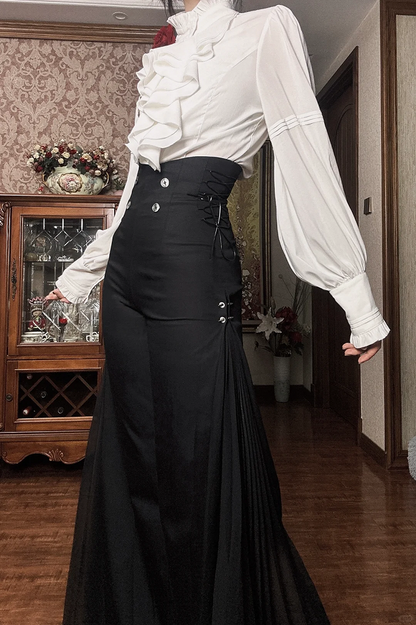 Ouji Style 110cm High Waist Wide-Leg Black Pants with Pleated Chiffon Panel - DevilInspired Exclusive Collection