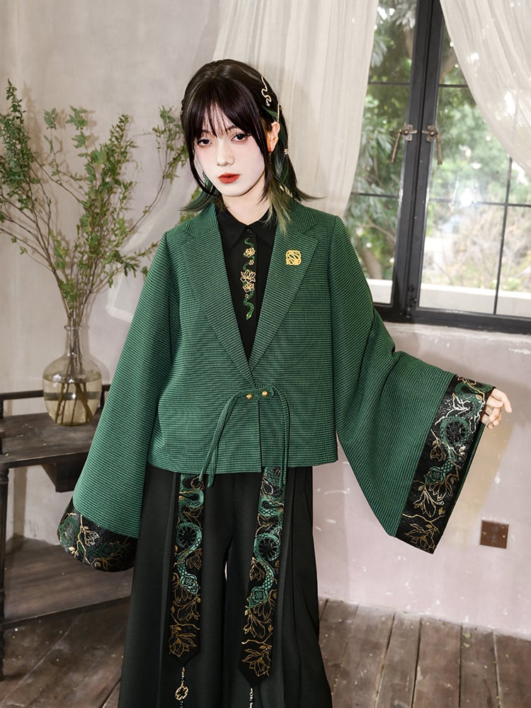 Sleeves Snake Crop with Brocade Han Cheongsam Gothic Green Wide Blazer