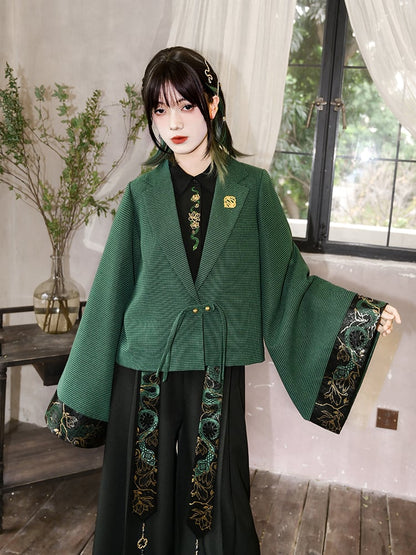 Sleeves Snake Crop with Brocade Han Cheongsam Gothic Green Wide Blazer