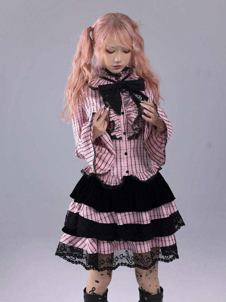 Pink Plaid Hime Gyaru Ruffled Collar Blouse with Embroidered Bow Tie