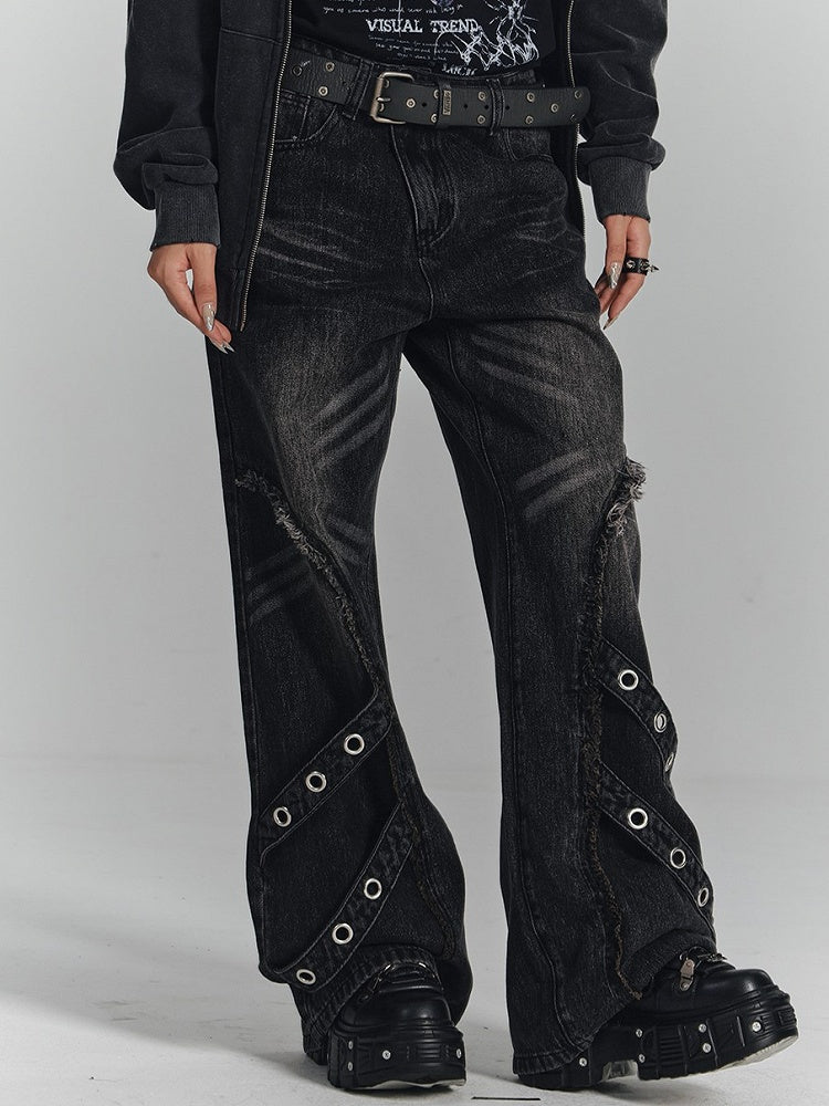 Punk Strips Denim Faded with Jeans Diagonal Raw Black Hem Wash Metal Eyelet