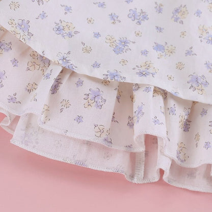 Blue and White Floral Print Top with Ruffle and Lace Details - serendipity