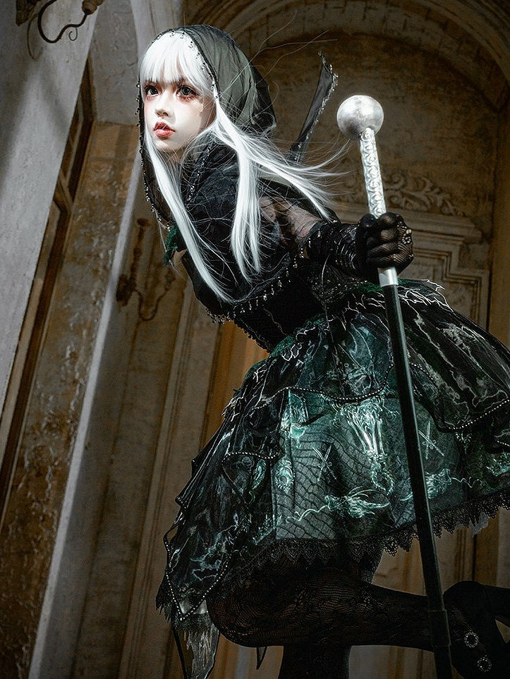 Black & Green Bone Dragon Embroidery Halter Neck Gothic Lolita Dress Set - Ying Luo Fu