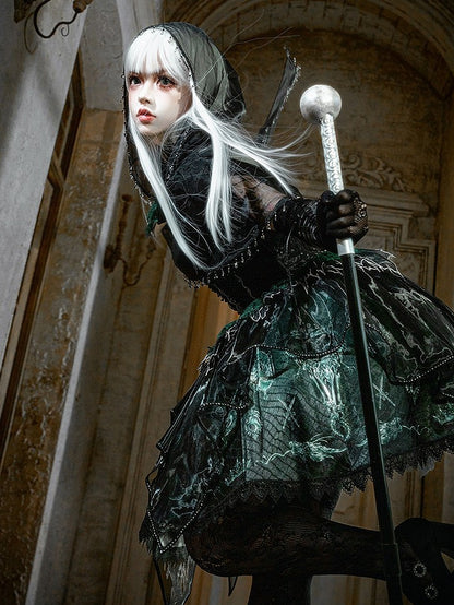 Black & Green Bone Dragon Embroidery Halter Neck Gothic Lolita Dress Set - Ying Luo Fu