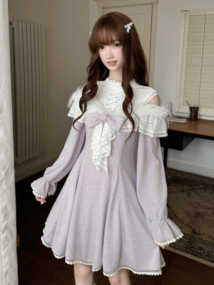 Seiso-kei Cutout Shoulder Long Sleeve Knit Dress in Purple with Feather and Lace Trim - LA LA JK