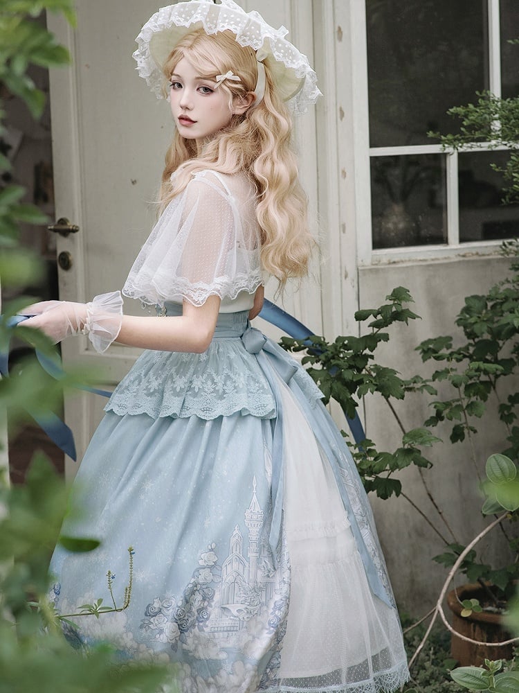 Weißer Rock mit hoher Cape-Taille, Top, Camisole + Tüll-Print, Castle Blue