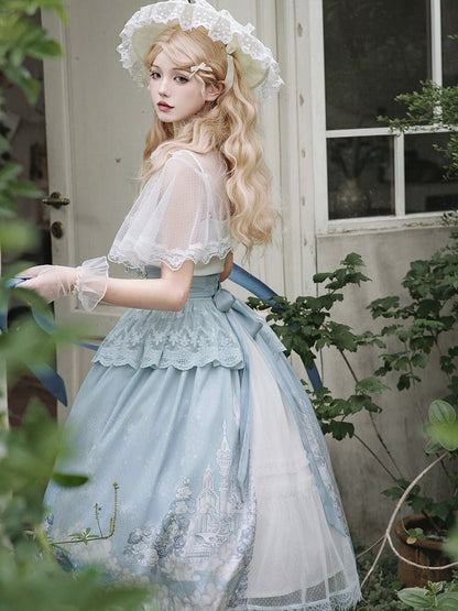 ホワイトスカート ハイケープウエストトップ キャミソール + チュールプリント キャッスルブルー