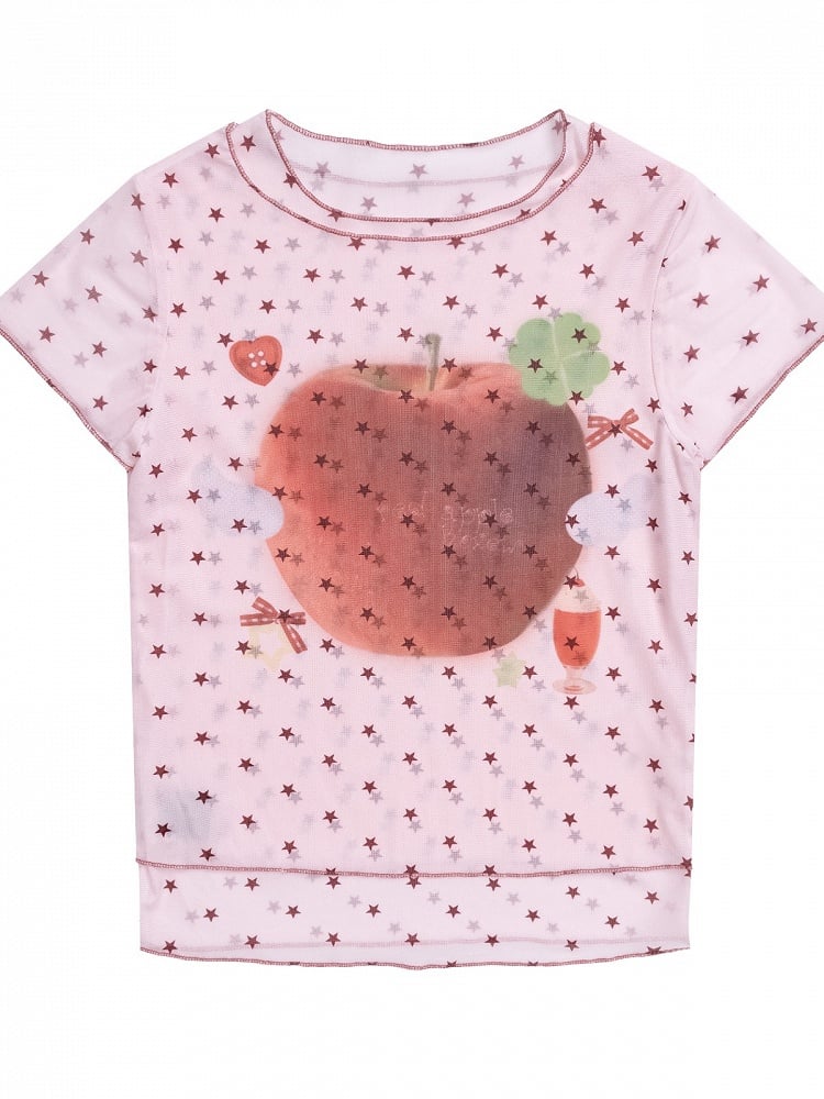 Red Double Layer Mesh Tee with Star Apple Print - Languid Park