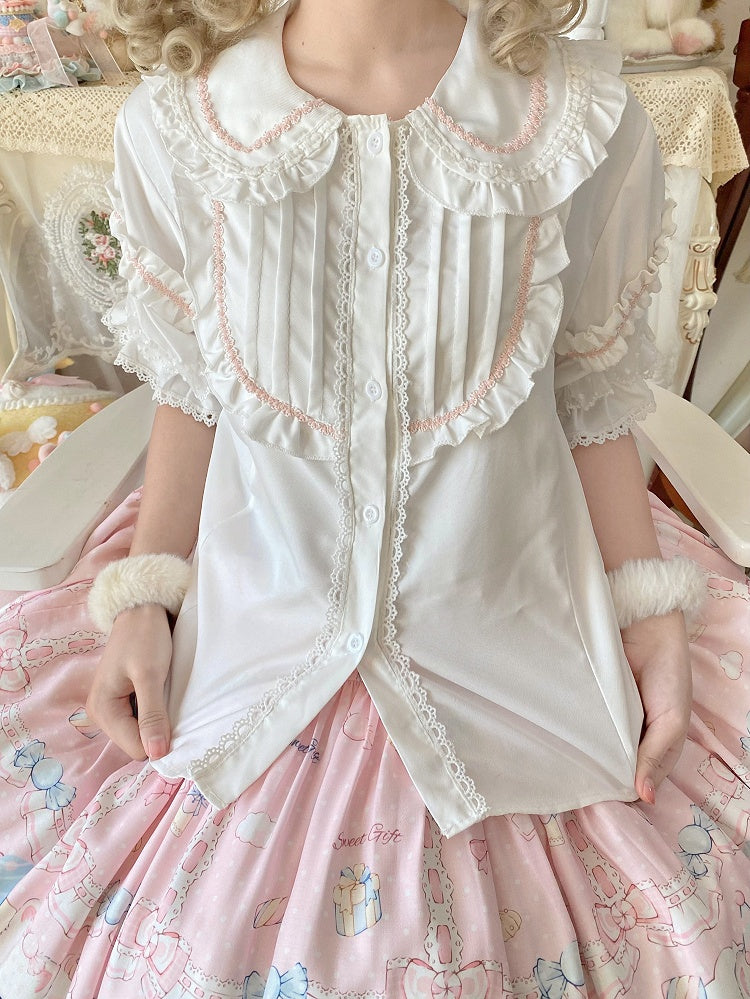 Short Pink Collar Blouse Sleeves and Round Flat White