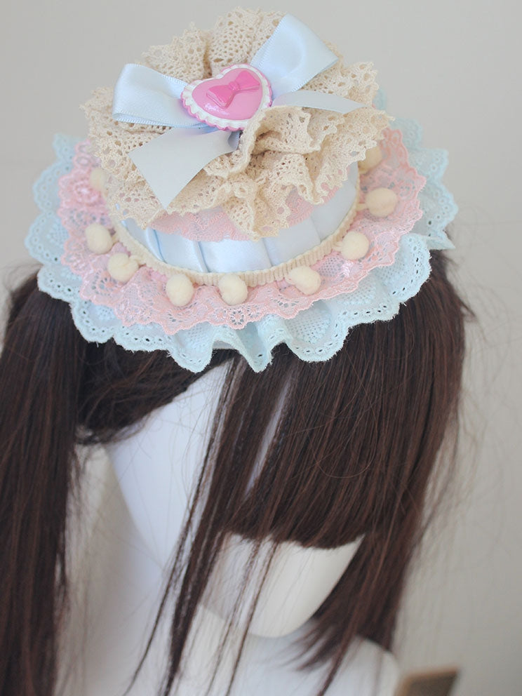 Blue/Yellow  Bowknot Details Lace Trim Top Hat