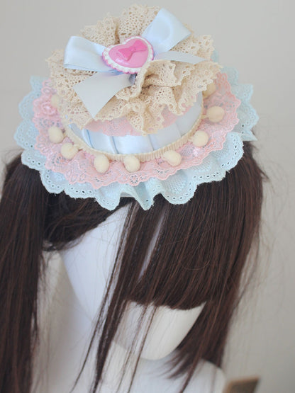 Blue/Yellow  Bowknot Details Lace Trim Top Hat