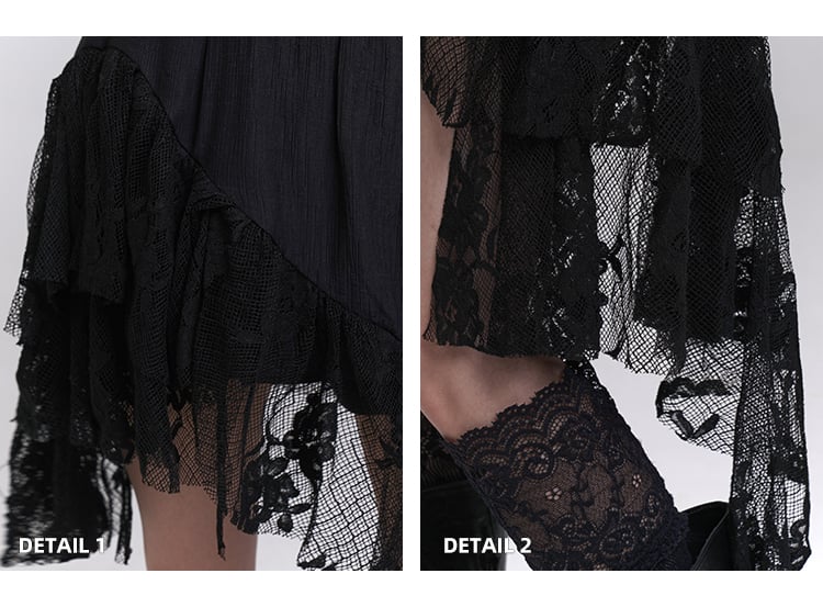 Patchwork Black Lace Cascading Ruffles Skirt