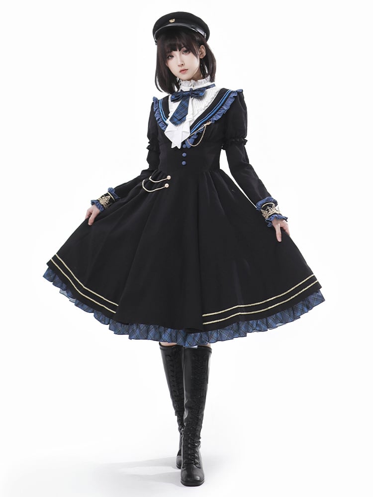 Ruffles with Black Juliette Dress Ruffle Sleeves Neckline Blue and Lolita Plaid Trim