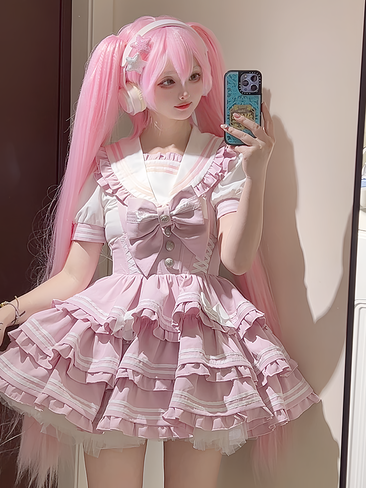 Accents Tiered Skirt Sweet Pink Overalls Flutter Sleeves Bow Lolita Dress Light