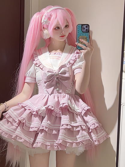 Accents Tiered Skirt Sweet Pink Overalls Flutter Sleeves Bow Lolita Dress Light