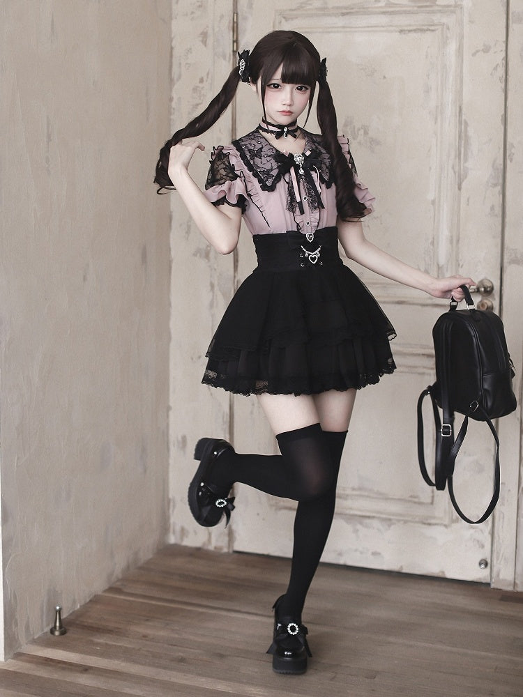 Jirai Kei Black & Pink Lace Cutout Shoulder Short Sleeve Ruffle Blouse - Ekomi