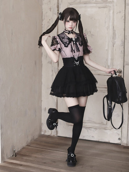 Jirai Kei Black & Pink Lace Cutout Shoulder Short Sleeve Ruffle Blouse - Ekomi