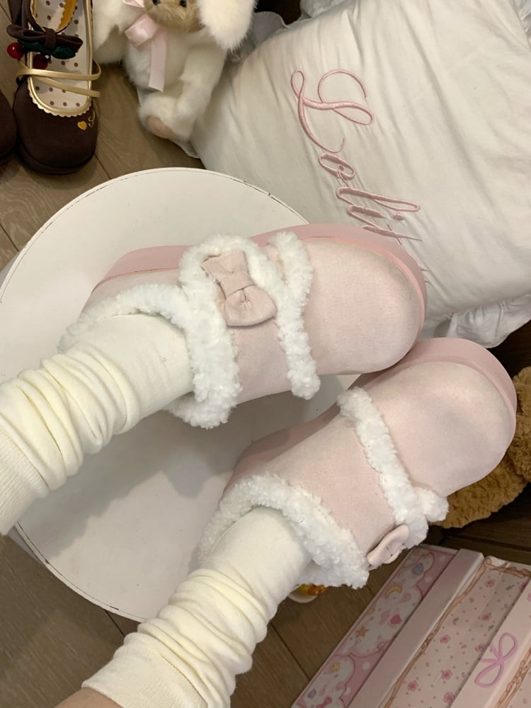 Bow Platform Lolita Accents Plush with Sweet Lining Shoes Pink