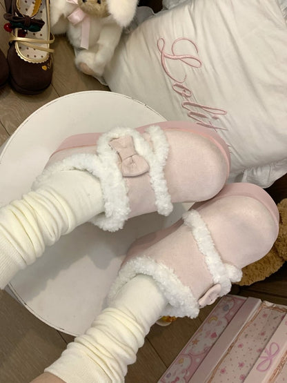 Bow Platform Lolita Accents Plush with Sweet Lining Shoes Pink