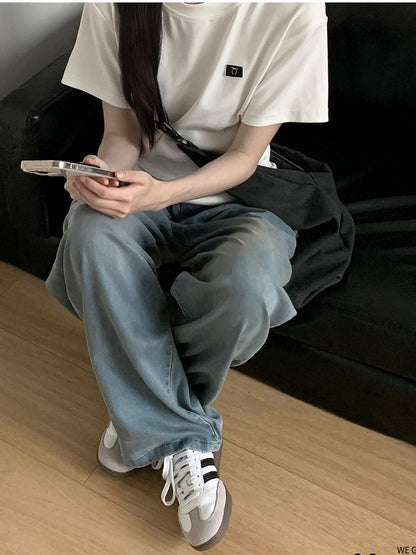 Hose Hellblau/Beige Sommer Weites Bein Casual