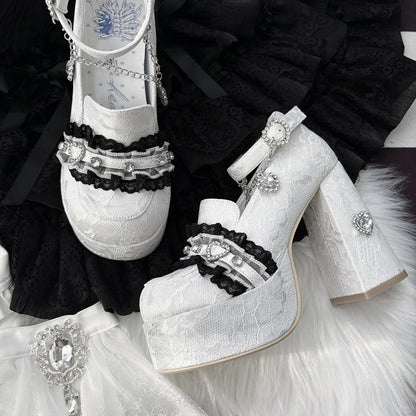 Platform Heels: 12cm White Heart Lace with Kei Jirai Rhinestone