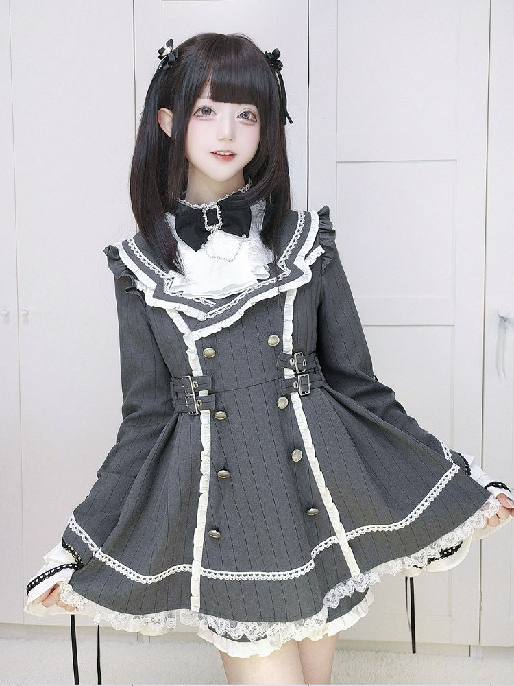 and Pattern Shorts Set Grey Flounce Trimmed with Striped Kei Lace Dress Sleeve Jirai