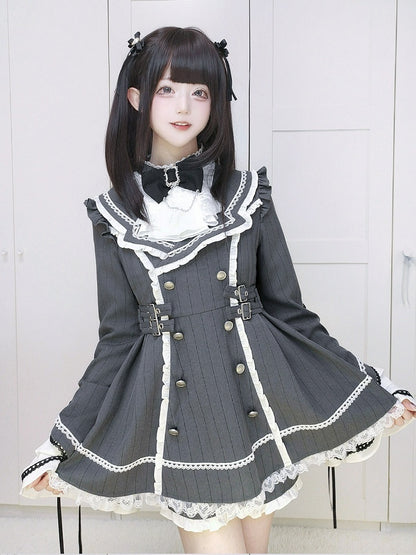 and Pattern Shorts Set Grey Flounce Trimmed with Striped Kei Lace Dress Sleeve Jirai