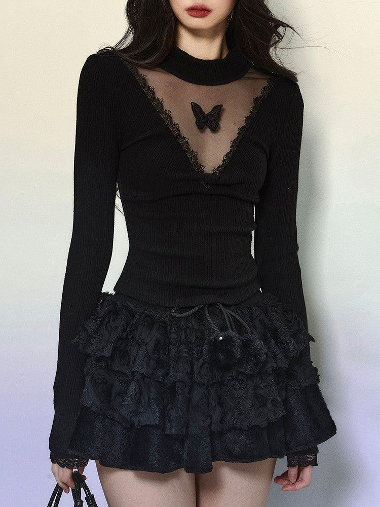 Black Illusion Neckline Butterfly Accents Slim-Fit Long-Sleeve Top