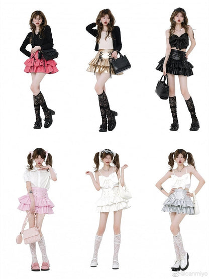 Tiered Skirt Leather PU Silver High Waist