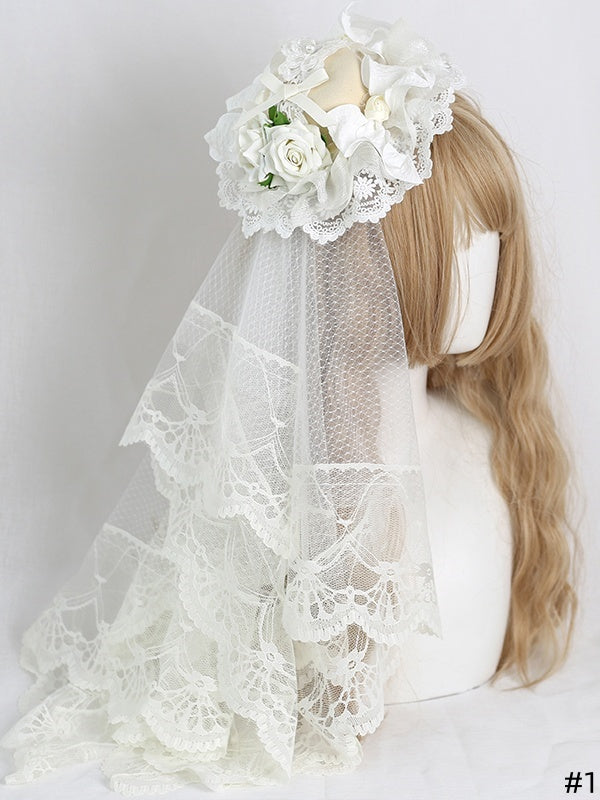 Mini Roses + Beautiful Beige Lolita With Lace-trimmed Hat Bowknot