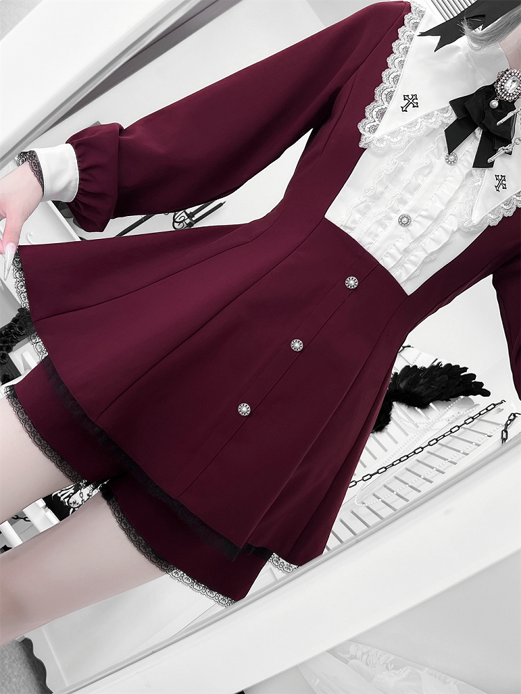 Deep Red Embroidered Set: Pointed with Kei Wine Collar Full Cross Jirai Dress