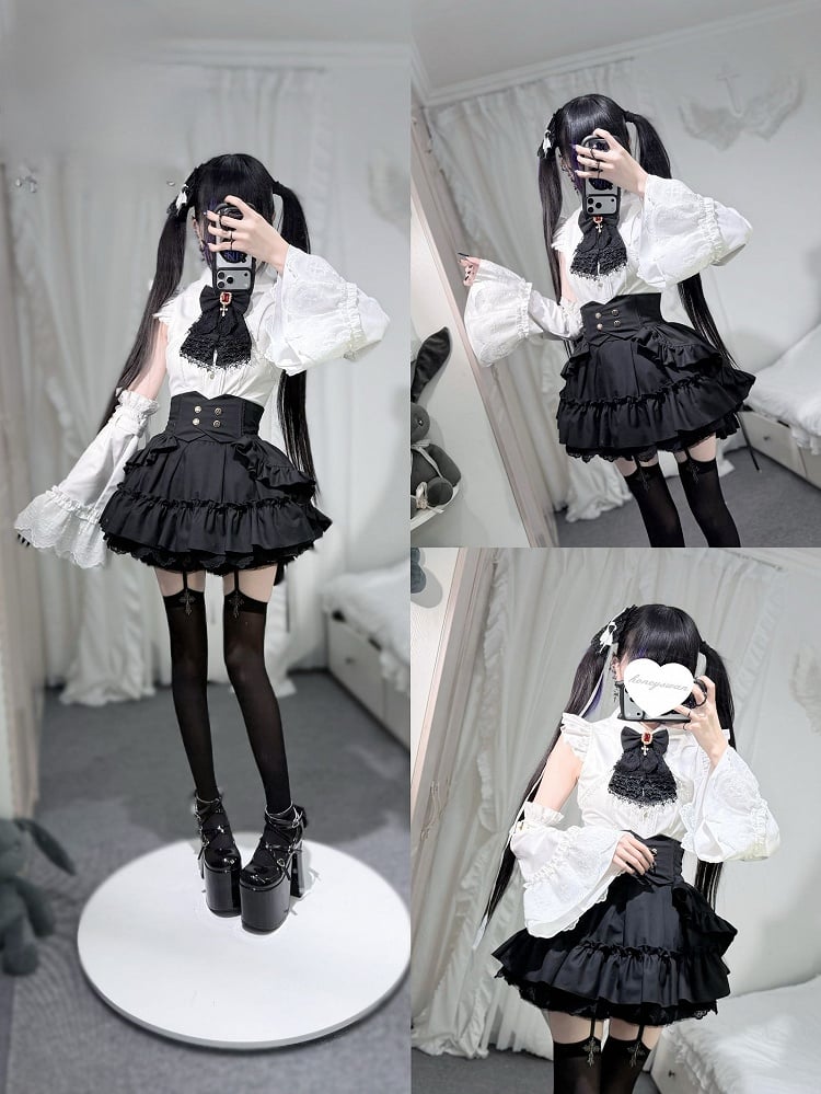Double-Breasted Ruffle Cascading Gothic Corset Overlay with Belt Black