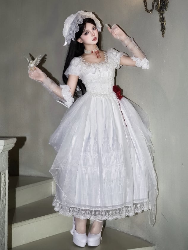 Kleid mit quadratischem Ausschnitt, Spitze, lang, Gothic, Kreuzdruck, Besatz, weiß, Lolita, Gothic, Burgversion