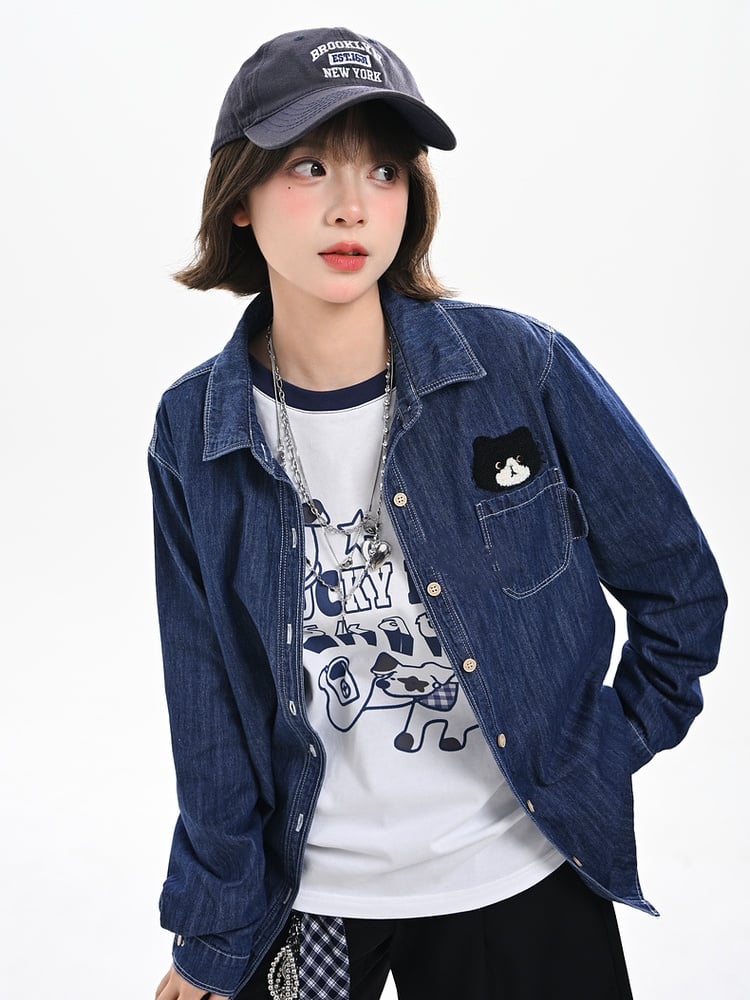 Kitty Dark Blue Faded Wash Denim Shirt Cute Embroidery