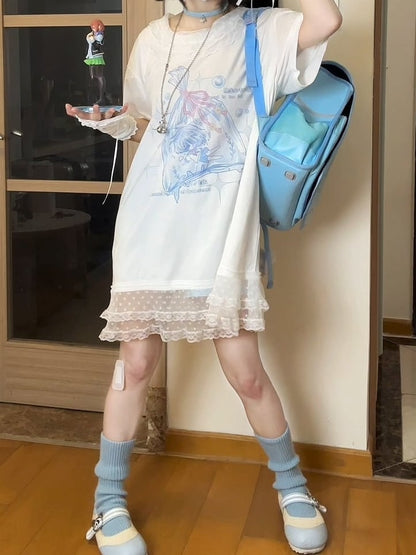 T-Shirt Free Blue with Dress Gloves Style Fingerless Trim Light Landmine Lace Print Cartoon