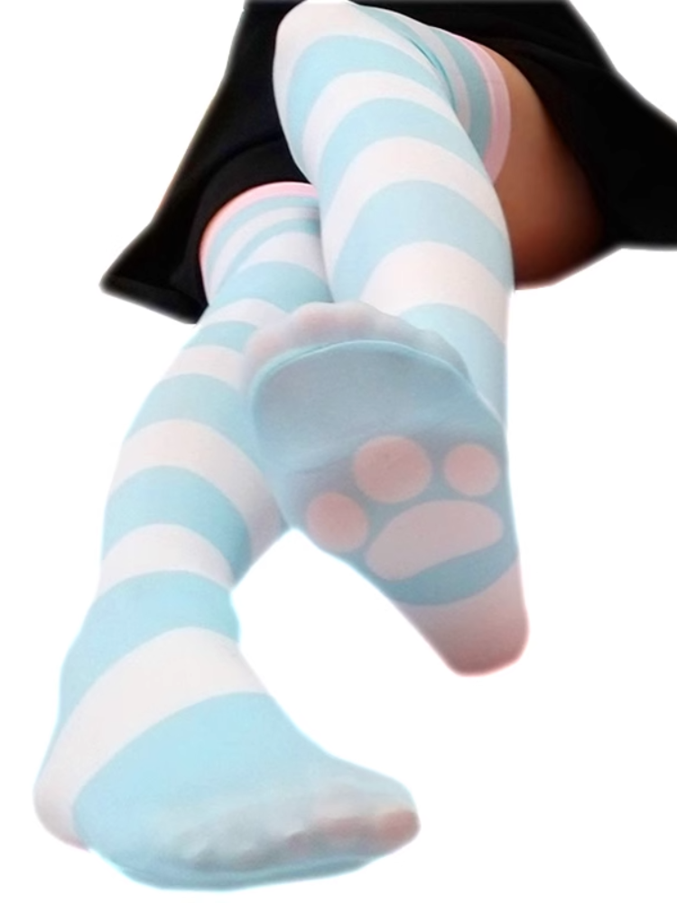 Blue & White Striped Cat Paw Pattern Over Knee Stockings