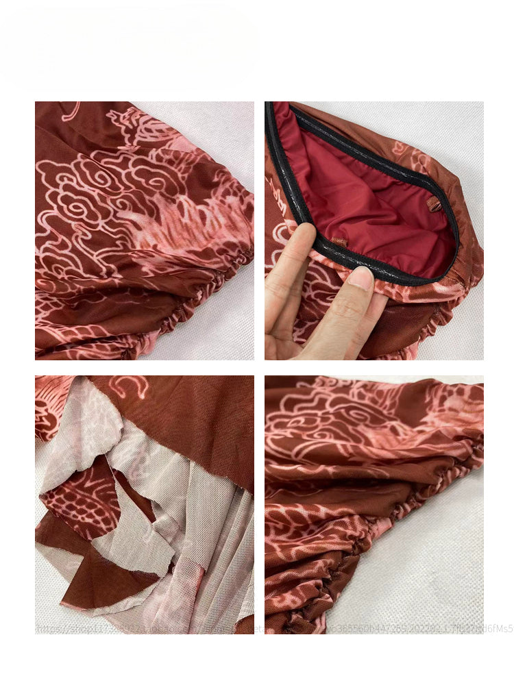 Wine Red Asymmetrical Hem Dragon Print Glamorous Spaghetti Strap Dress